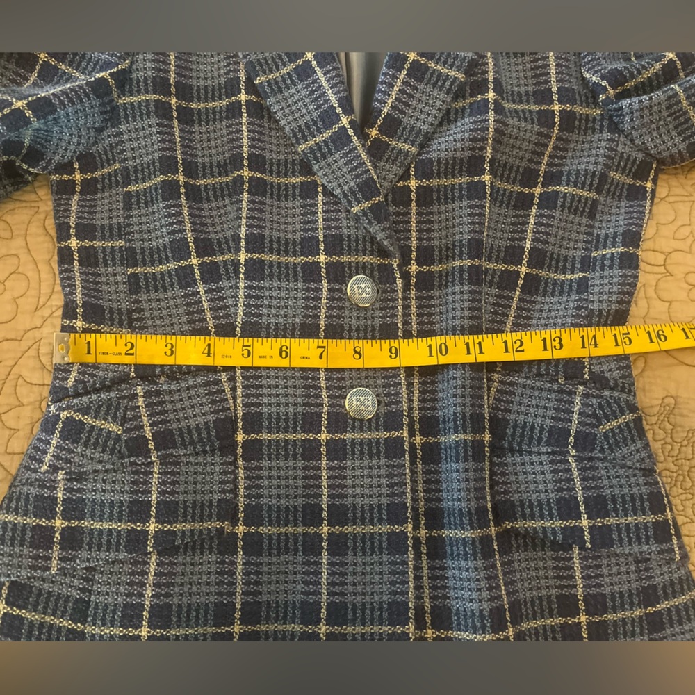 Escada Vintage 1980’s Blue Plaid Blazer Double E Logo Buttons, Size 36 - Picture 11 of 15